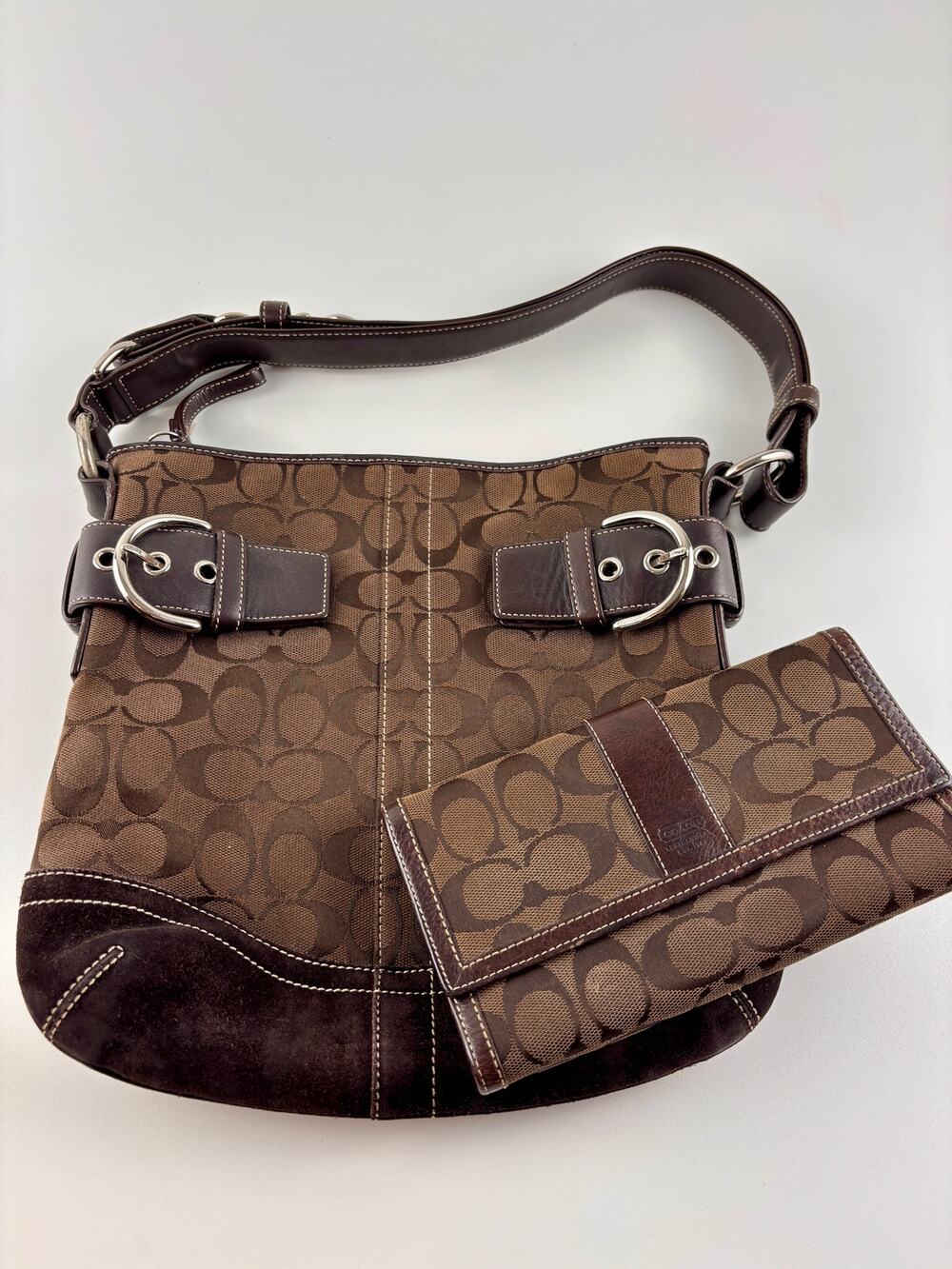 Coach Signature Shoulder Bag Wallet Set Brown Suede Leather Buckle Dust Bag